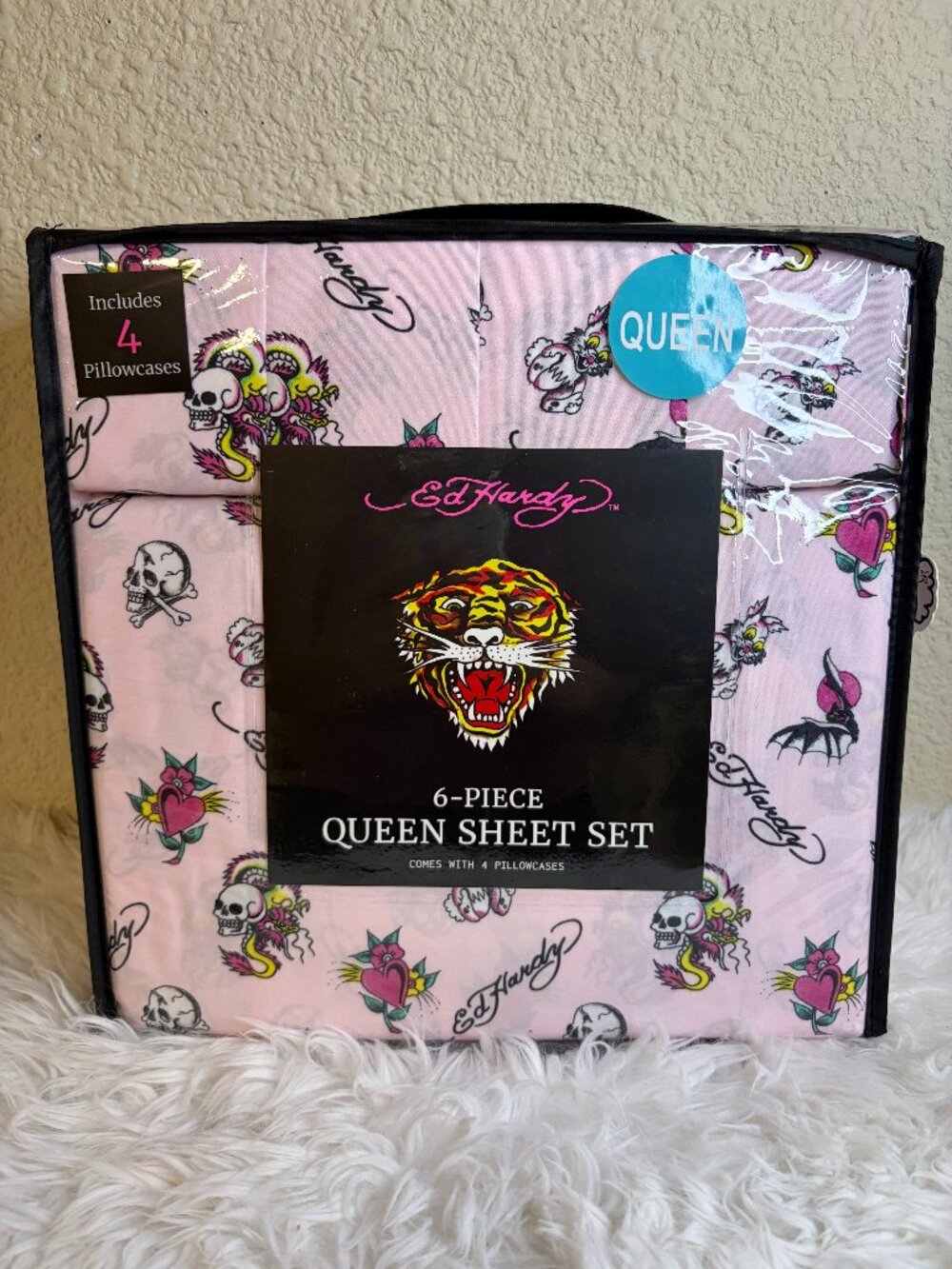 Ed Hardy Queen Sheet Set Pink Skull Dragon Heart Tattoo Bedding 6 Pc NWT